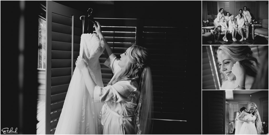black and white of bride getting ready at tigh-na-mara
