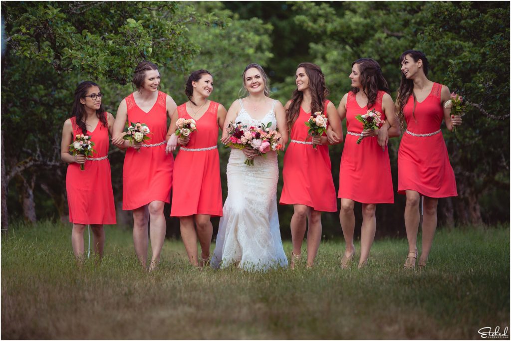 Bridesmaids walk in Merridale Cidery orchard