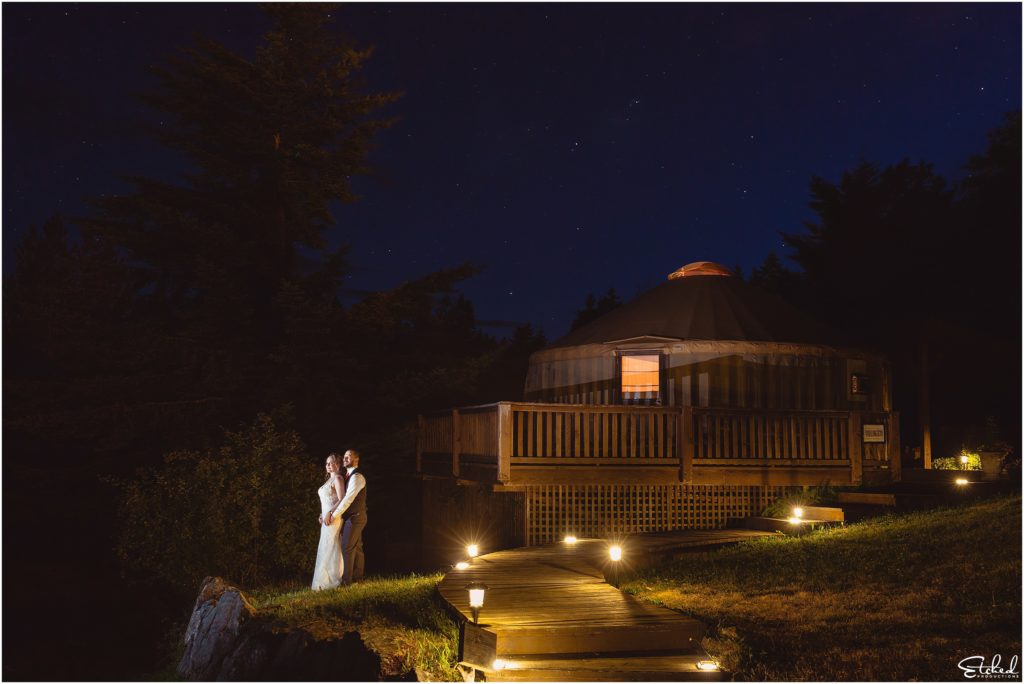 Epic night shot of Merridale Cidery yurt and couple